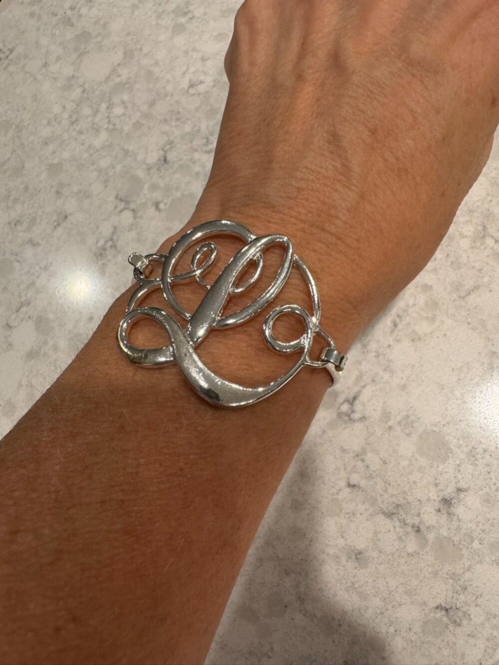 Letter L Initial Bracelet Hinge Bangle Script Monogram 1.75" Silver